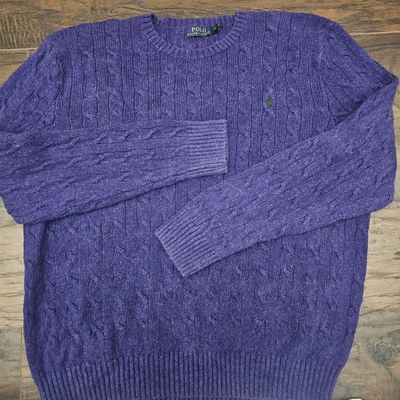 Polo Ralph Lauren Mens Cable Knit Sweater XL Purple 100% Silk Pullover Pony Logo - Picture 1 of 8